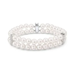 Clearance Akoya 2-raders perlearmbånd 6-6,5 mm med diamanter Armbånd