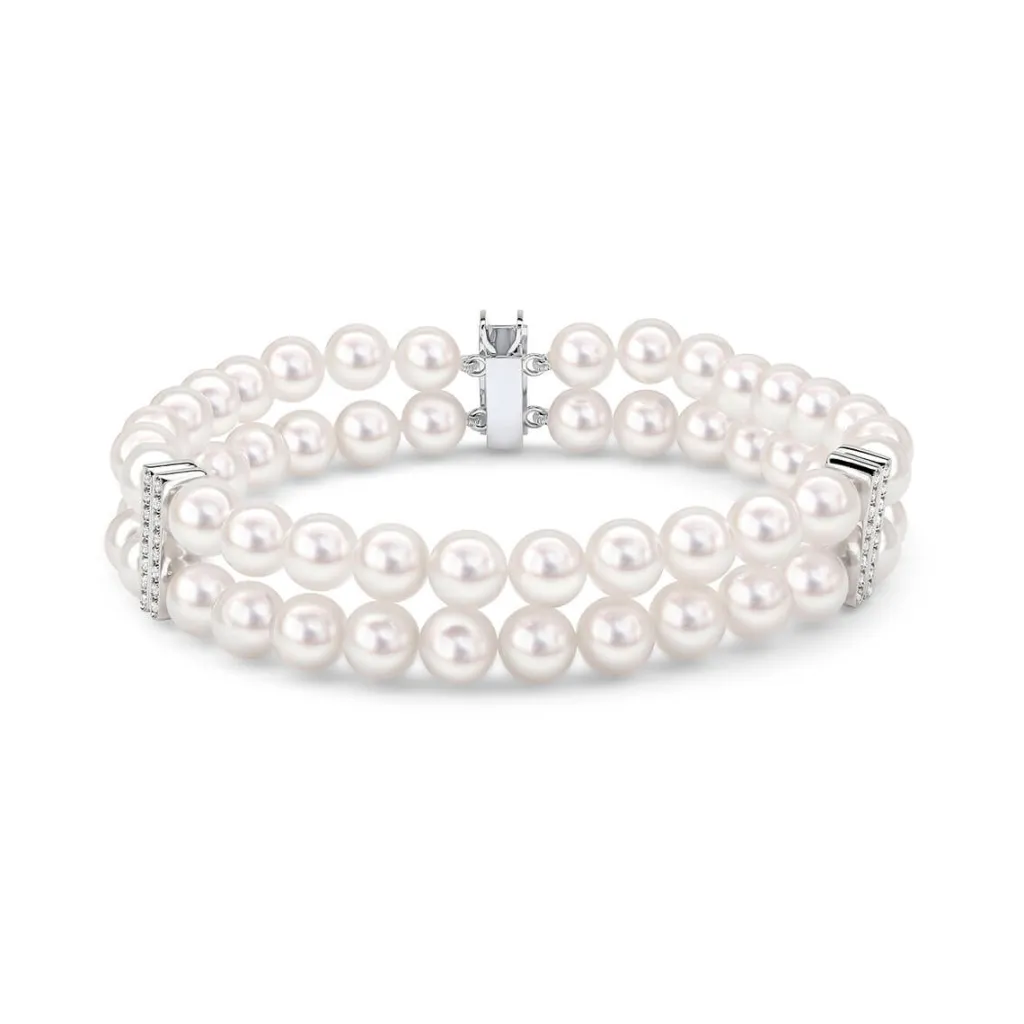 Clearance Akoya 2-raders perlearmbånd 6-6,5 mm med diamanter Armbånd