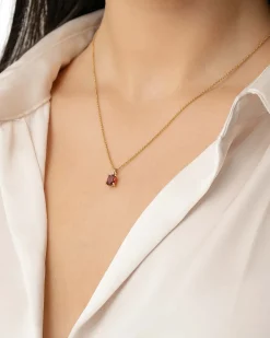 Online Anheng i gult gull med rosa rhodolitt Halssmykker