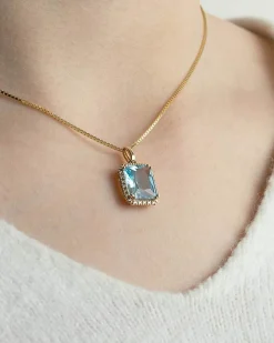 Fashion Diamantanheng i gult gull med Sky blue topas Halssmykker