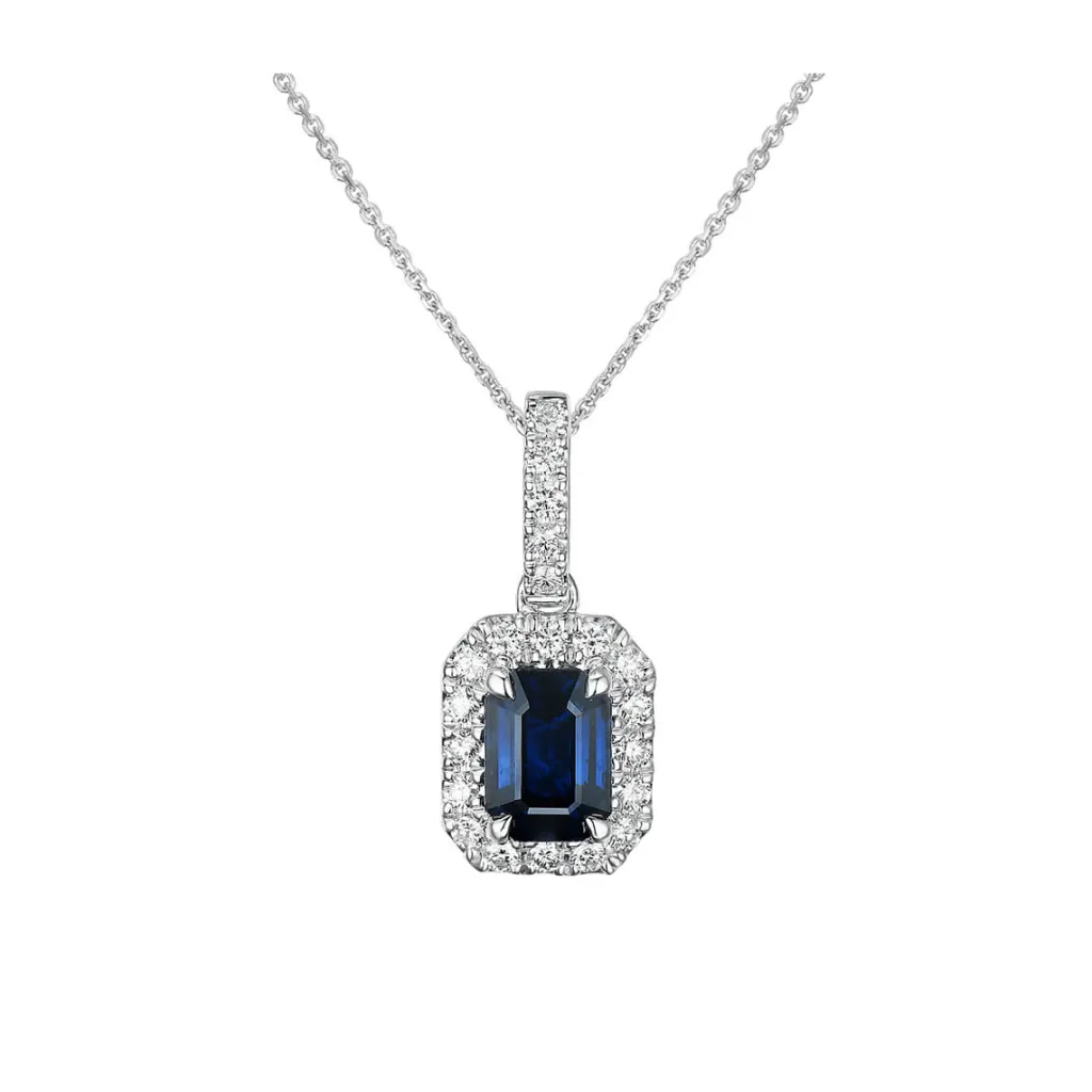 Clearance Diamantanheng i hvitt gull med safir 0,28 ct. Halssmykker