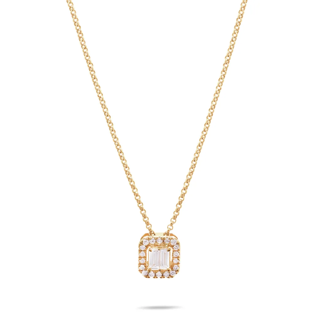 Clearance Gult gull diamantsmykke baguette og brillianter 0,20 ct med halskjede Halssmykker