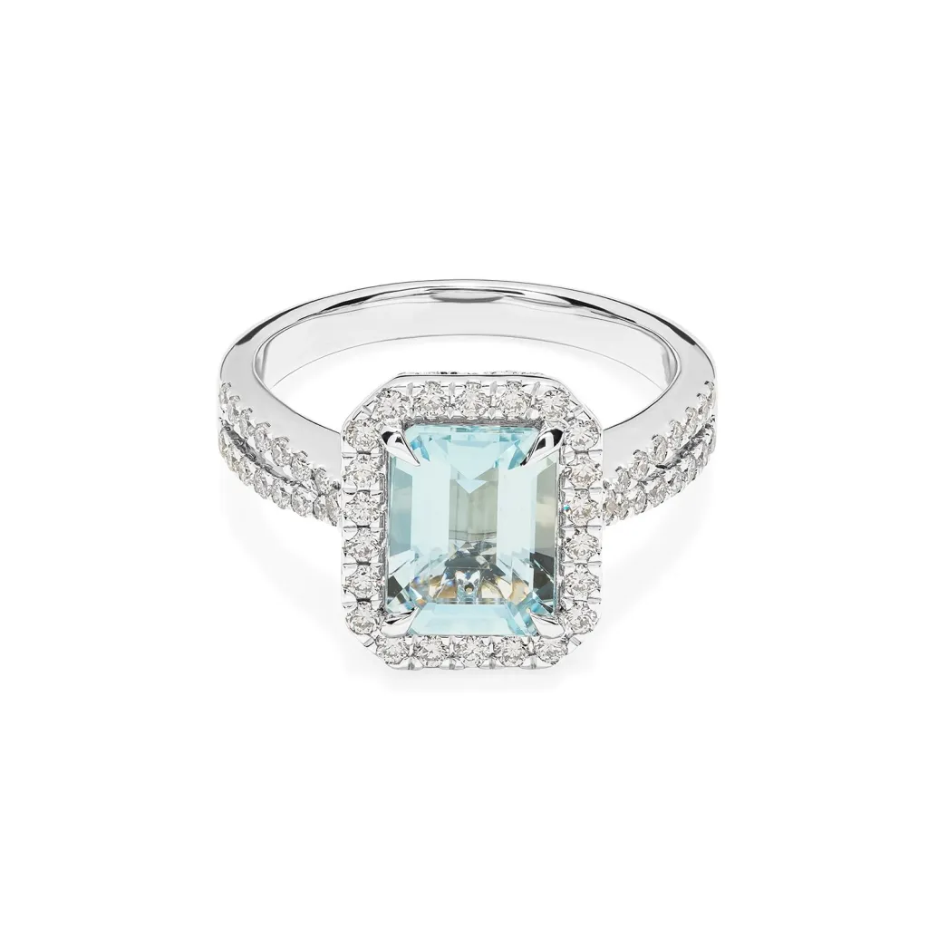 Discount Ring i 18 karat hvitt gull med akvamarin og diamanter 0,64 ct Ringer