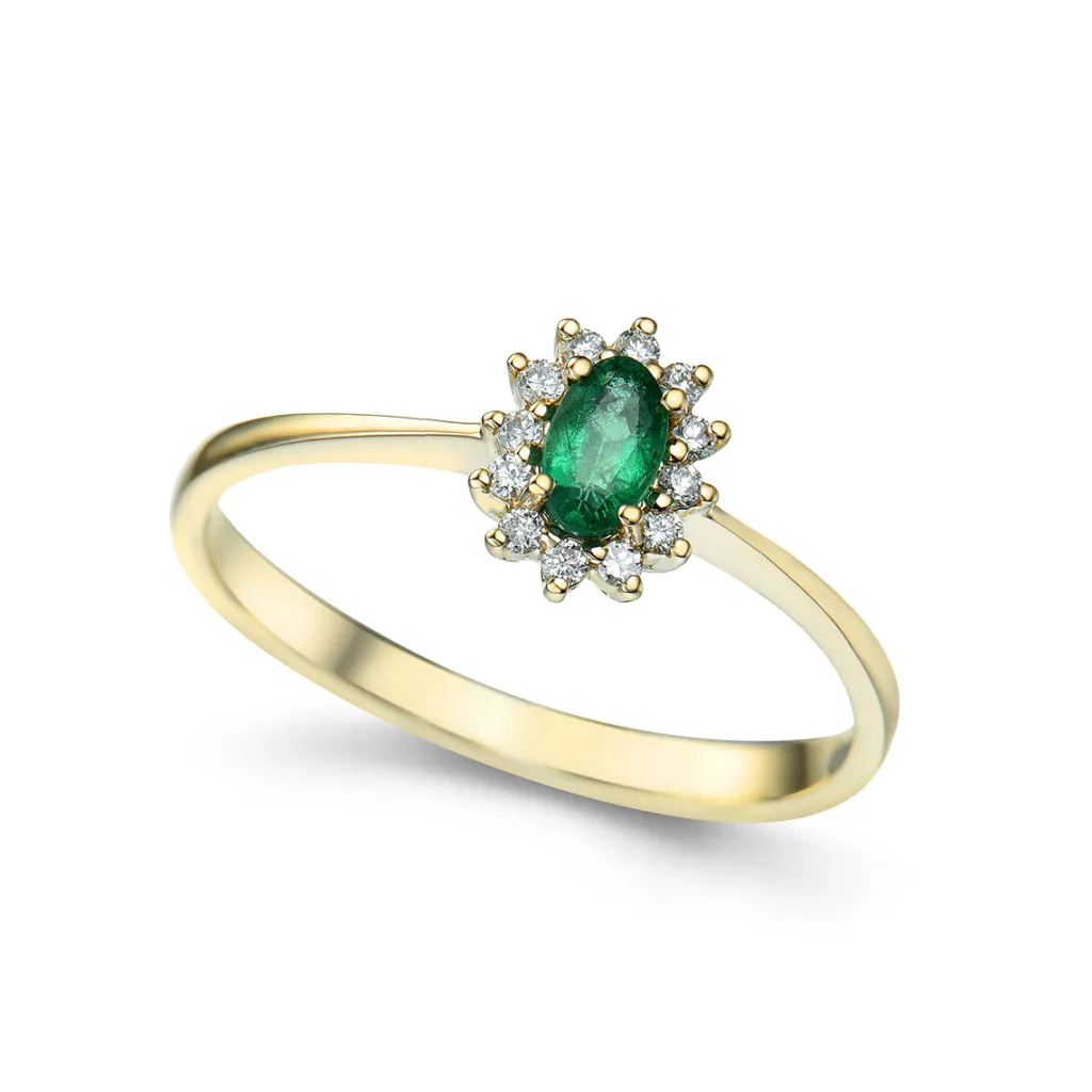 Online Rosettring i gult gull med smaragd 0,22ct Ringer