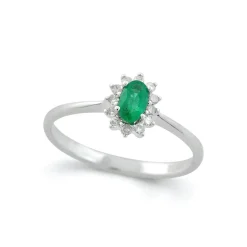 Discount Rosettring i hvitt gull med smaragd og diamanter 0,10 ct Ringer