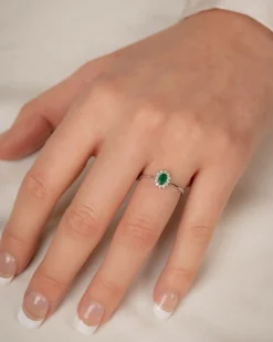 Discount Rosettring i hvitt gull med smaragd og diamanter 0,10 ct Ringer